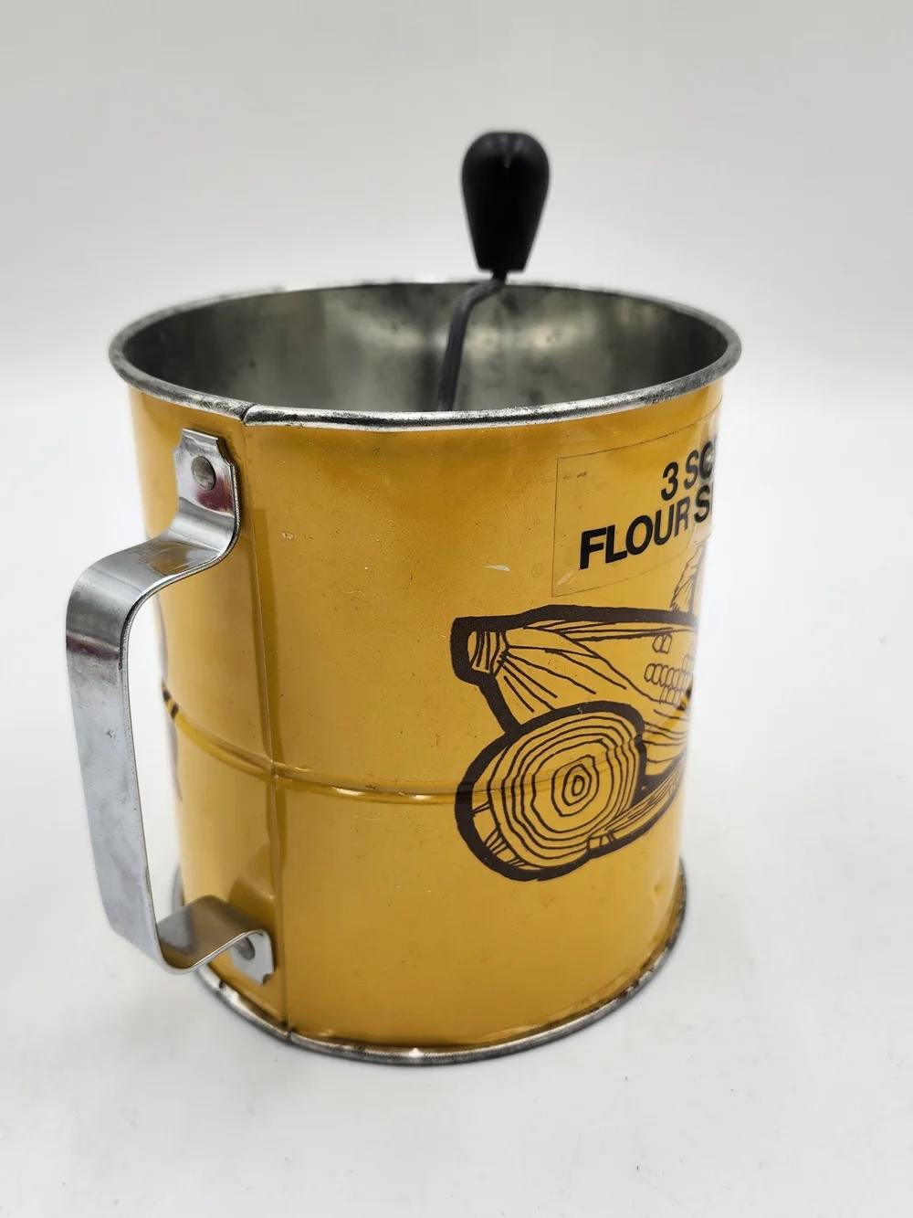 VINTAGE ANDROCK 3 SCREEN FLOUR SIFTER - YELLOW WITH VEGGIE DESIGN
